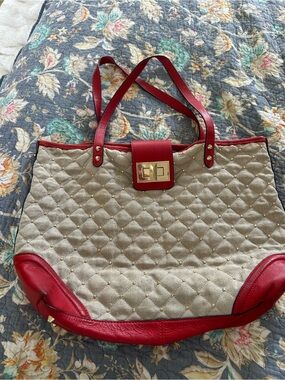 Quilted Canvas Tote with Red Leather Trim